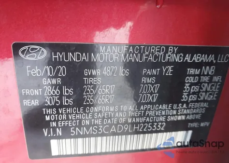 2020 Hyundai Santa Fe Sel from USA, damaged, VIN 5NMS3CAD9LH225332